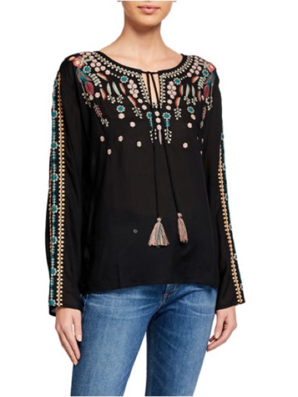 Raj Ainsley Embroidered Black Boho cotton blend long sleeve Blouse Top Size M